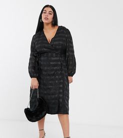 midaxi wrap dress with volume sleeves in organza check-Black