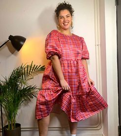 midi volume smock dress in pink plaid