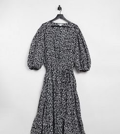 midi wrap dress with tiered skirt in vintage floral-Black
