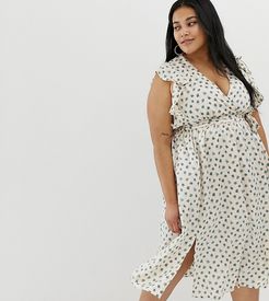 plunge front midi dress with ruffle shoulders in smudge spot-Multi