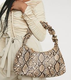 Exclusive 90s shoulder bag with ruched handle in snake print-Beige