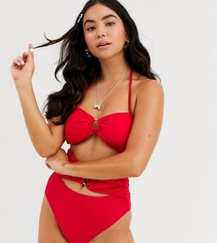 Exclusive bandeau ring cut out swimsuit in red