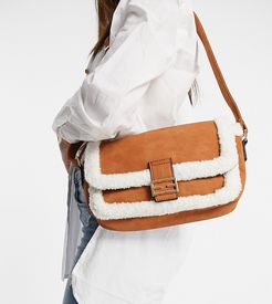 Exclusive crossbody bag in tan with cream shearling teddy trim