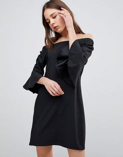 Flare Sleeve Bardot Dress-Black