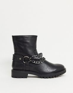 flat biker boots with chain detail in black