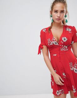 floral button through tea dress-Red