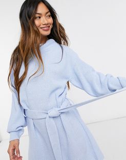 long sleeve mini sweater dress with tie waist in blue-Blues