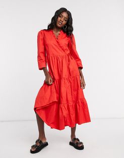 midaxi dress with ruffle wrap front and tiered skirt in cotton