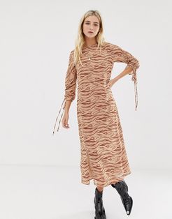 midi dress with front splits and ruched sleeves and in subtle zebra-Neutral