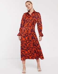 midi shirt dress with contrast floral-Orange