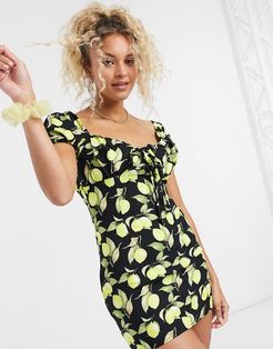 milk maid mini dress with ruched bust in lemon print-Black