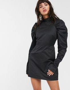 mini shift dress with structured puff sleeves-Black