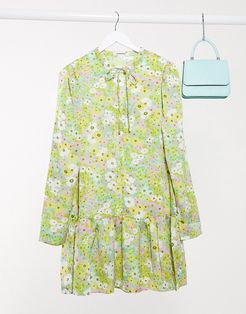 mini smock dress with peplum hem in vintage floral-Green