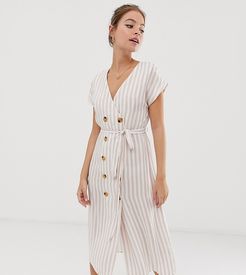 belted midi dress with button front in natural stripe-White