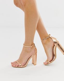 rose gold barely there square toe block heeled sandals