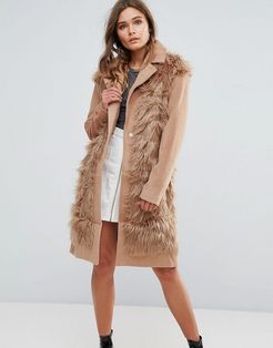 Shaggy Faux Fur Coat-Brown