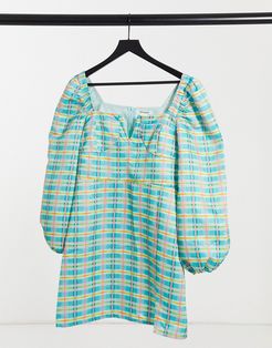 square neck mini dress in green check with puff sleeves