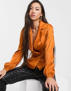 tailored blouse with tie front in luxe satin-Brown