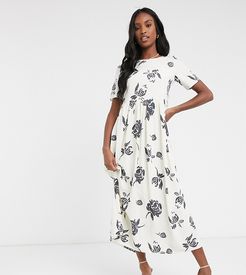 maxi smock dress in bold floral print-White