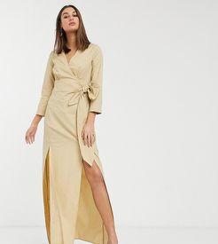 midi wrap dress in textured fabric-Brown