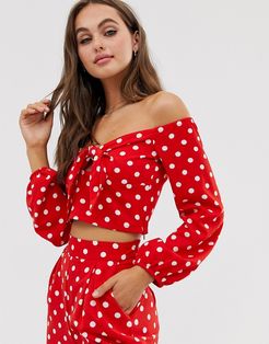 tie front bardot top in polka two-piece-Red