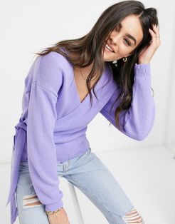 v-neck wrap knitted sweater in lavender-Purple