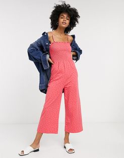 wide leg jumpsuit with shirred bodice in ditsy strawberry-Pink