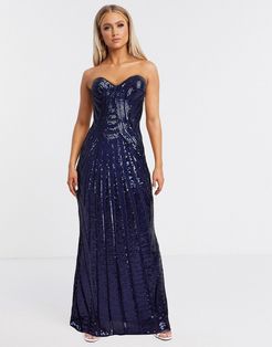 bandeau embellished maxi dress with thigh slit in navy