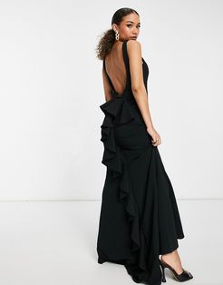 halterneck fishtail maxi dress in black