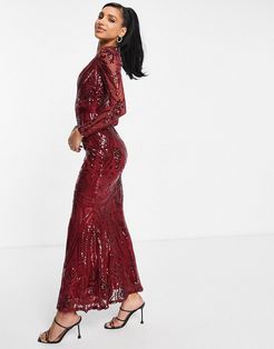 plunge fishtail maxi dress in red