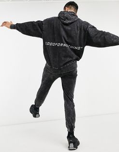 drop shoulder hoodie with mid back logo in acid wash gray-Grey