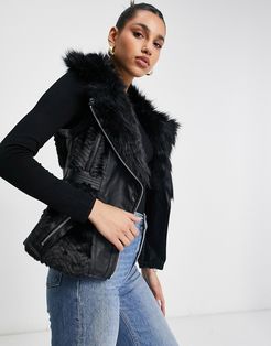 faux fur PU vest in black