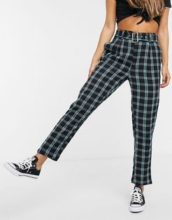 belted tailored pants in black and green check-Multi