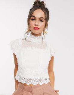 lace insert victoriana top in ivory-Cream