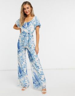 puff sleeve jumpsuit in blue and ivory print-Purple