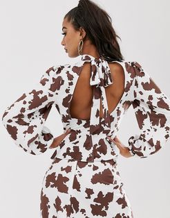 backless top in cow print with tie detail and cut out two-piece-White