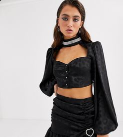 corset top with balloon sleeves and rhinestone collar two-piece-Black