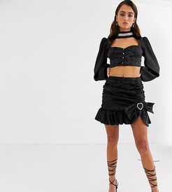 ruched mini skirt with rhinestone buckle two-piece-Black