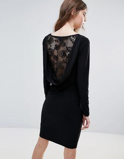 Lace Insert Back Bodycon Dress-Black