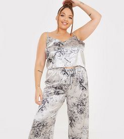 x Lorna Luxe satin contrast trim pajama cami and pants set in navy multi