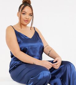 x Lorna Luxe satin contrast trim pajama cami and wide leg pants set in navy