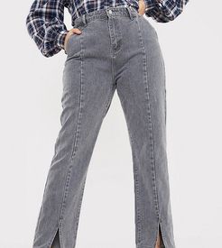 x Olivia Bowen high waisted slit front straight leg jean in gray-Grey