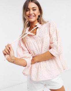 broderie smock top with tie front in coral-Pink