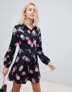 floral skater shirt dress-Black