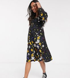 button down belted midi dress in mixed floral print-Multi