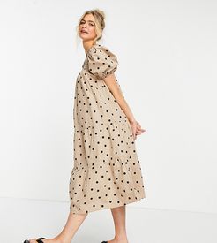 puff sleeve cotton poplin midi dress in stone polka dot-Neutral