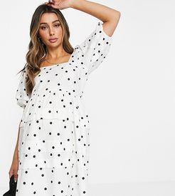 puff sleeve cotton poplin mini dress in polka dot-White