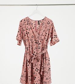 wrap front mini dress in dusky pink heart print-Multi