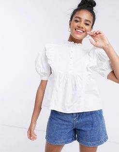 puff sleeve frilled blouse-White