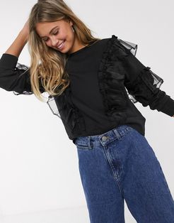 sweater with organza frill detail in black